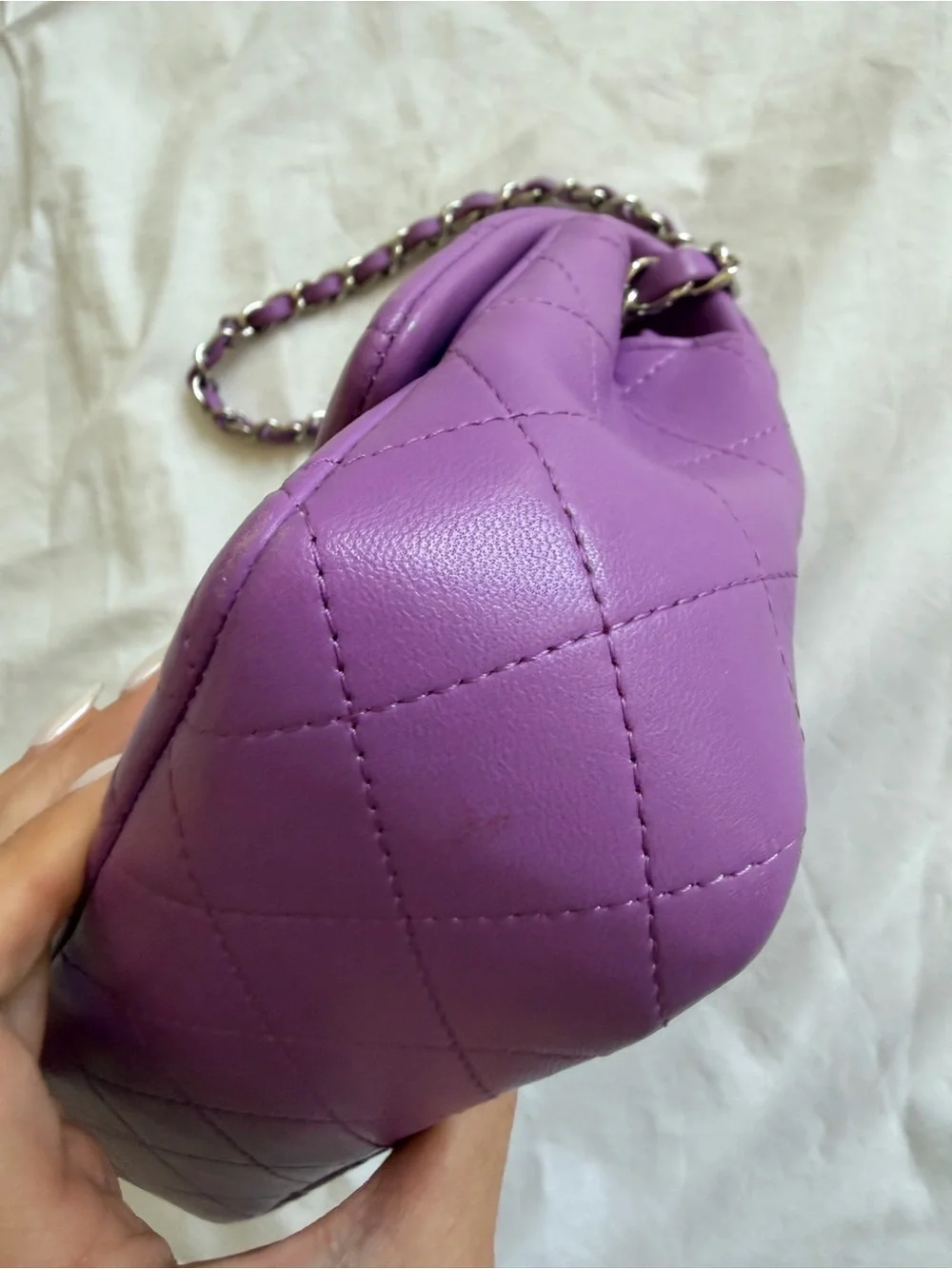 CHANEL Mini Quilted Lambskin Shoulder Bag in Lilac Purple with Silver Hardware